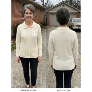 VTG Collectables White Cable Knit Cardigan Sweater Pocket Collar Acrylic Women M